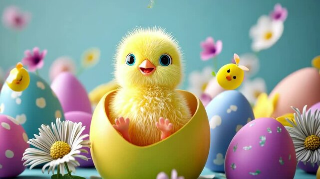 Cute yellow chick in decorated egg amidst colorful easter eggs and flowers Happy Easter
