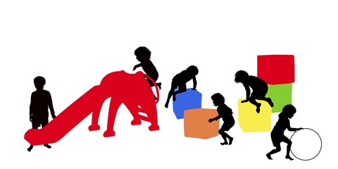 Indoor playground with children silhouettes, vector illustration