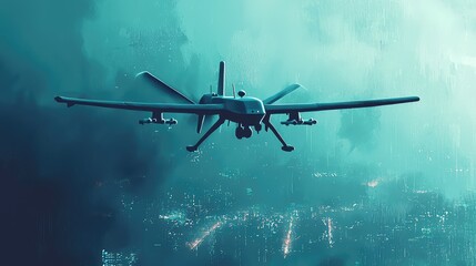 Aerial Reconnaissance Drone Flying Over City at Night