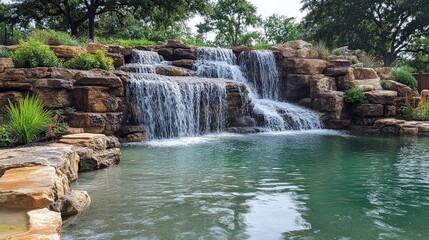 Obraz premium Tranquil Waterfall Oasis: A cascading waterfall tumbles gracefully over a series of rugged rocks, creating a tranquil oasis of serenity. The cool, crystal-clear water flows into a serene pond.