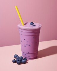 Fresh fruit shake to go in a plastic cup, milkshake, smoothie, wild berry, blueberry, blueberry, wellness drink, straw, dessert, dessert, AI generated