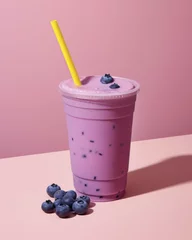 Fototapete Rund Fresh fruit shake to go in a plastic cup, milkshake, smoothie, wild berry, blueberry, blueberry, wellness drink, straw, dessert, dessert, AI generated © Paul Hart/imageBROKER
