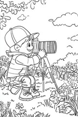 Fototapeta premium Child Photographer in Nature . Children coloring page