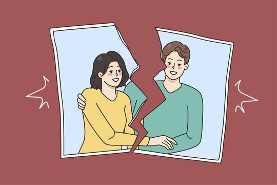 Torn picture of smiling couple show end of romantic relationship. Concept of breakup and divorce. Marriage dissolution and separation. Ex-couple relation photography. illustration