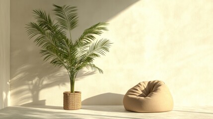 Obraz premium Beige Beanbag Chair and Potted Palm Plant in a Minimalist Room