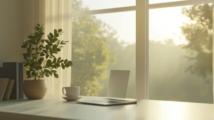Morning serenity cozy workspace with view home office still life bright environment warm lighting tranquility concept