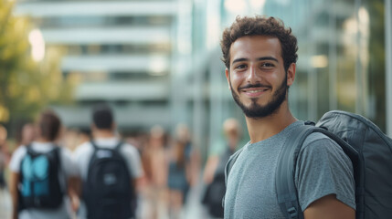 Fototapeta premium happy young man smiles confidently in urban setting, surrounded by fellow students. His casual attire and backpack suggest vibrant campus life