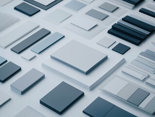 A flat lay of branding materials: business cards, logo samples, a color palette guide, and a tablet.