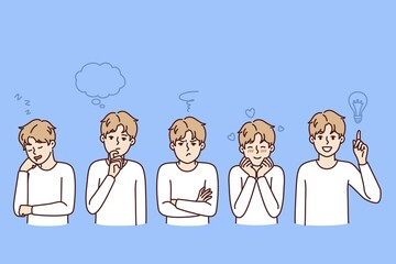 Little boy with different emotions and moods looks at screen showing thoughtfulness and joy or sadness. Teen schoolboy with various mental states and emotions feels tenderness and love or drowsiness
