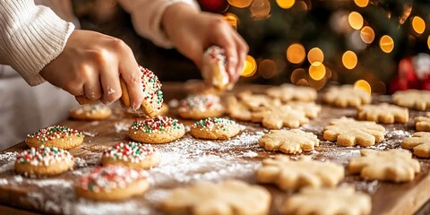 Festive children baking Christmas cookies, bokeh lights. Holiday food