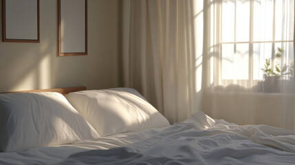clean bed with white sheets and two pillows, softly illuminated by natural light filtering through sheer curtains, creates serene and inviting atmosphere