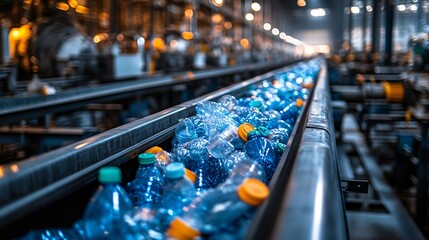 Plastic recyclables moving along a conveyor belt in a recycling plant, highlighting the process of waste disposal and the importance of sustainability.