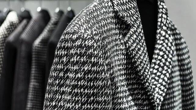 Elegant black and white houndstooth coat on display in a modern boutique during winter season