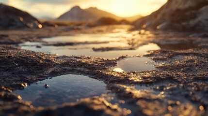 serene landscape featuring shallow water pools reflecting sunset, surrounded by rocky terrain and distant mountains. tranquil scene evokes sense of calm and natural beauty