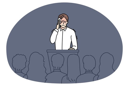 Nervous man feel stressed speaking in front of public. Anxious worried male speaker sweat with pain and anxiety on stage. Concept of audience fear. Flat vector illustration