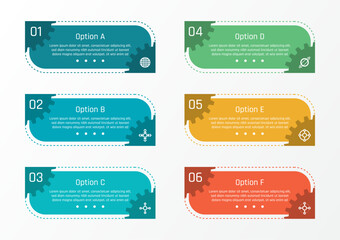 6 options business infographic template, theme of colorful rectangle bar with a quarter of gear shape at two opposite corners