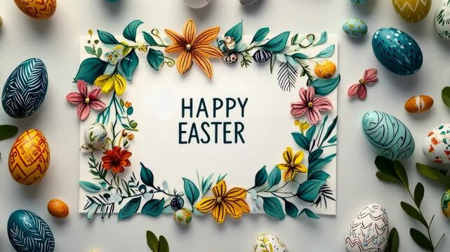 Colorful easter eggs and floral border with 'happy easter' message Happy Easter