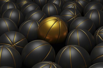 Fototapeta premium Many black basketballs with one golden basketball stands out, be unique, awsomeness, leadership, 3d rendering