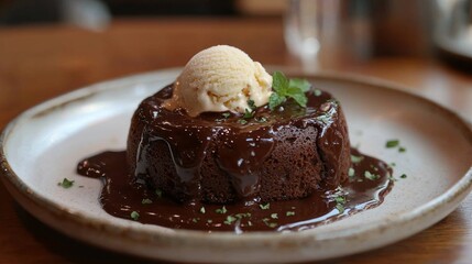 A sumptuous chocolate lava cake oozing with rich molten chocolate combines beautifully with a scoop of vanilla ice cream and a touch of mint. Perfect for dessert lovers