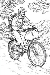 Obraz premium Man on a Bicycle in the Woods - Line Art Illustration . Children coloring page