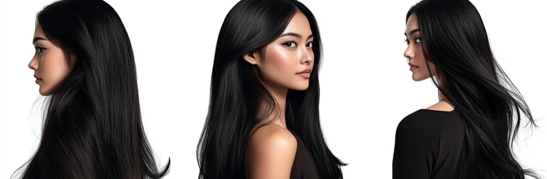 A beautiful woman with long black hair, three different angles of the same person, white background
