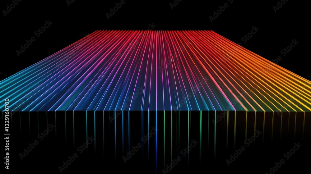 Poster vibrant geometric pattern with colorful lines displaying depth and perspective on a black background