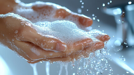 Fototapeta premium Washing hands with soap under running water, promoting hygiene and cleanliness. image captures importance of handwashing in preventing illness and maintaining health