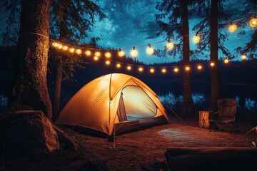Illuminated Campsite Tent Under Starlit Night Sky