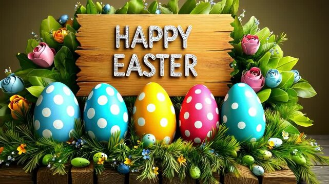 Colorful easter eggs and flowers on wooden table with happy easter sign Happy Easter