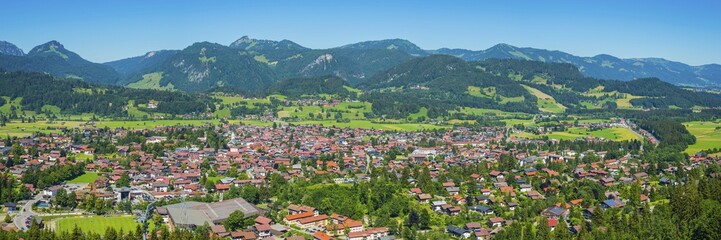 Fototapeta premium Panorama from the Schattenbergschanze to Oberstdorf, Oberallgäu, Allgäu, Bavaria, Germany, Europe