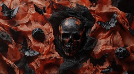 Halloween Flag with Motifs: Flag with pumpkins, monsters, vampire bats, skulls, and ghosts motif for Halloween decoration on transparent background,