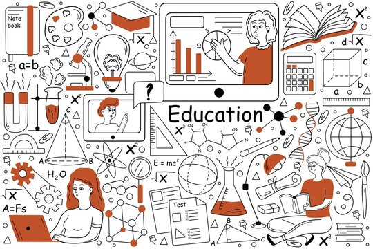 Education doodle set. Collection of hand drawn templates patterns of pupils students learning school university subjects studying at online training courses. Improval of skills expansion of knowledge