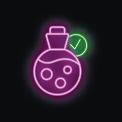 Neon icon of a potion bottle with a check mark glowing in purple and green
