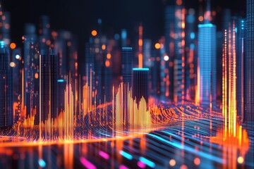 Bright cityscape with glowing data lines and charts representing financial growth and technological progress. Concept of data-driven innovation and modern business.