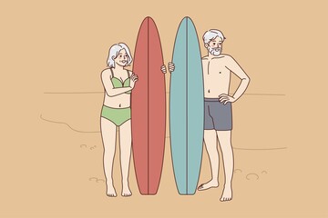 Happy older people with surfboards standing on beach. Energetic active elderly man and woman enjoy surfing. Good maturity. illustration