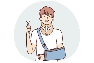 Positive young guy with broken arm shows thumb up as sign of gratitude to doctors. Optimistic man with orthopedic collar to support head necessary for rehabilitation after injury. Flat vector design