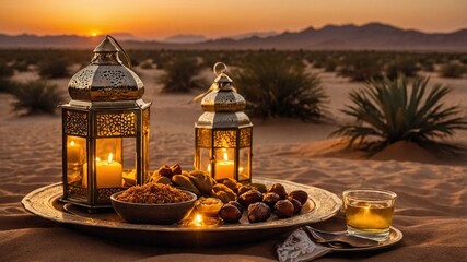 Ramadan Sunset in the Desert with Lanterns, Iftar and Golden Dunes.