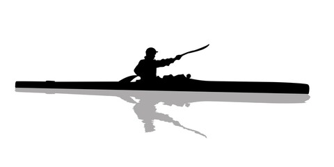 Silhouette of a kayaker on water, isolated objects over white background