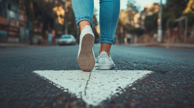 Close up of woman feet in white sneakers walking on road, showcasing movement and urban life. scene captures sense of freedom and exploration