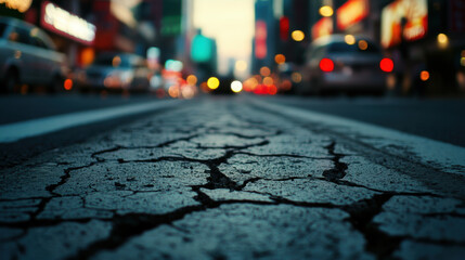 Close up of cracked asphalt on street with blurred city lights, showcasing urban decay and passage of time. image evokes sense of neglect and urban life
