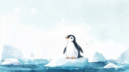 Obraz premium Cute Cartoon Penguin on Ice Floating in a Calm Blue Ocean