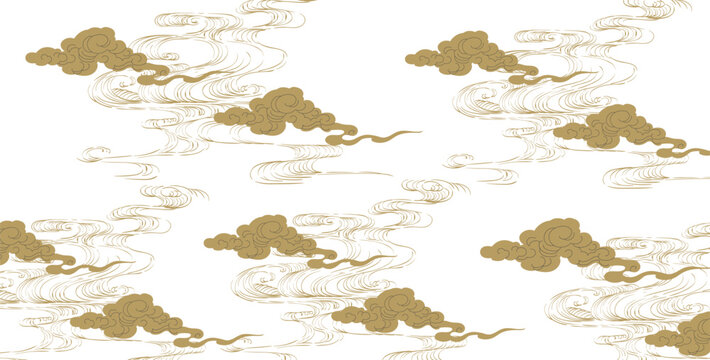 Japanese background with hand drawn line wave pattern with Chinese cloud elements vector. Abstract template with geometric pattern. Ocean sea backdrop layout design in oriental style. 