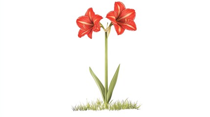 Vibrant red amaryllis flowers with green leaves set against a white background, perfect for decorating spaces and adding a touch of nature to any design.
