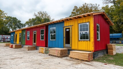 Colorful shipping container homes under construction.