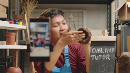 Ceramic artist teaching pottery techniques in live video. Online tutorial on handmade crafts and clay pottery artistry. Live session, pottery crafts, handmade, clay art, ceramic artist