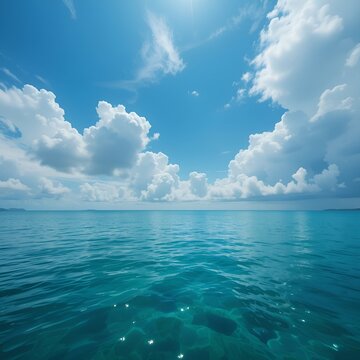 Un cielo tranquilo con nubes azules flotantes que tocan suavemente las serenas aguas color esmeralda.