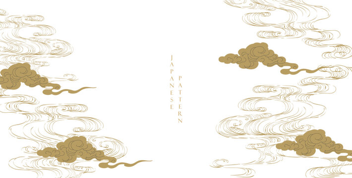 Japanese background with hand drawn line wave pattern with Chinese cloud elements vector. Abstract template with geometric pattern. Ocean sea backdrop layout design in oriental style. 