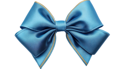 Big light blue silk bow with gold trim on transparent background. Transparent background
