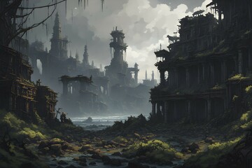 Fototapeta premium Pixel art landscape showcasing post apocalyptic world with ruined city buildings, AI generated