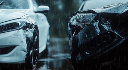 Close up of two damaged cars in rain, showcasing impact of collision. white car has visible dents, while black car shows significant front end damage